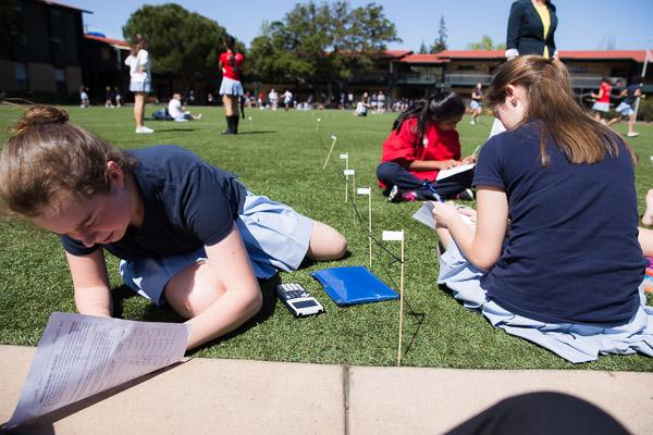 Math students tackle a hands-on problem as they analyze the geometry of the Circle central to Castilleja's campus.